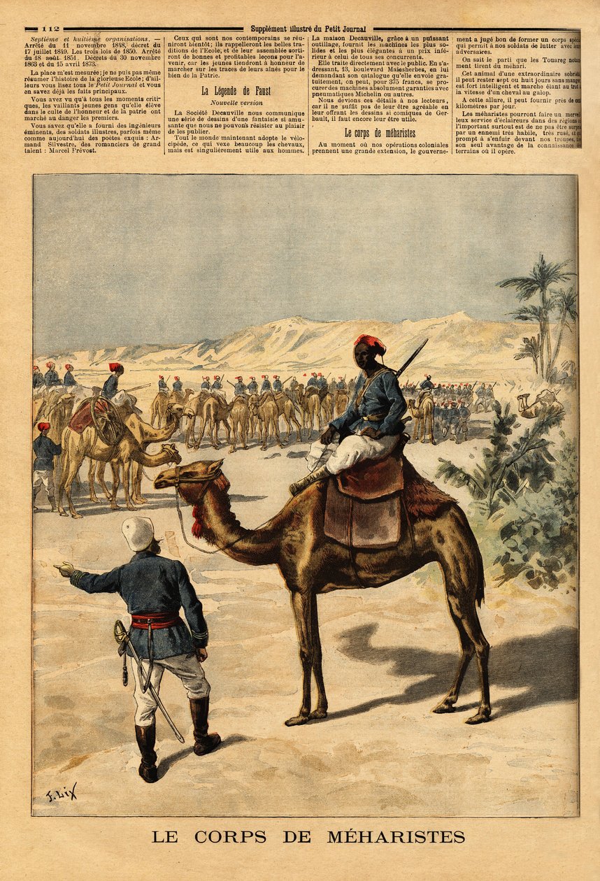 Skapande av en speciell kår av meharister för den franska erövringen av Sudan, för att slåss mot tuaregerna. Meharis, kan stanna en vecka utan att äta, gå på trav med en galopphästs hastighet, kan resa mer än 100 kilometer om dagen, och de är av Unknown artist