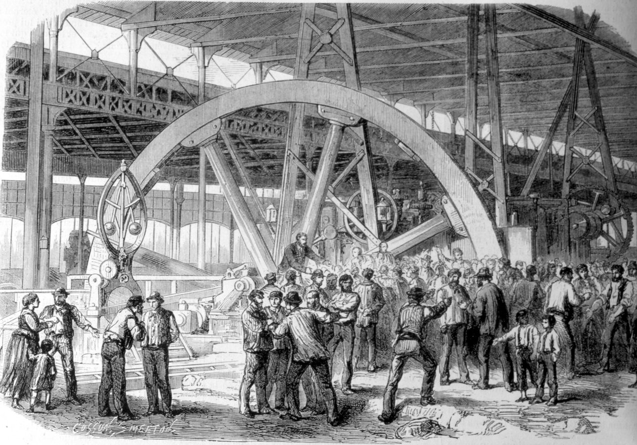 Creusot strejk. En förlikning av arbetare i verkstäderna, vid tidpunkten för lönen. 1800-talet. av Unknown artist