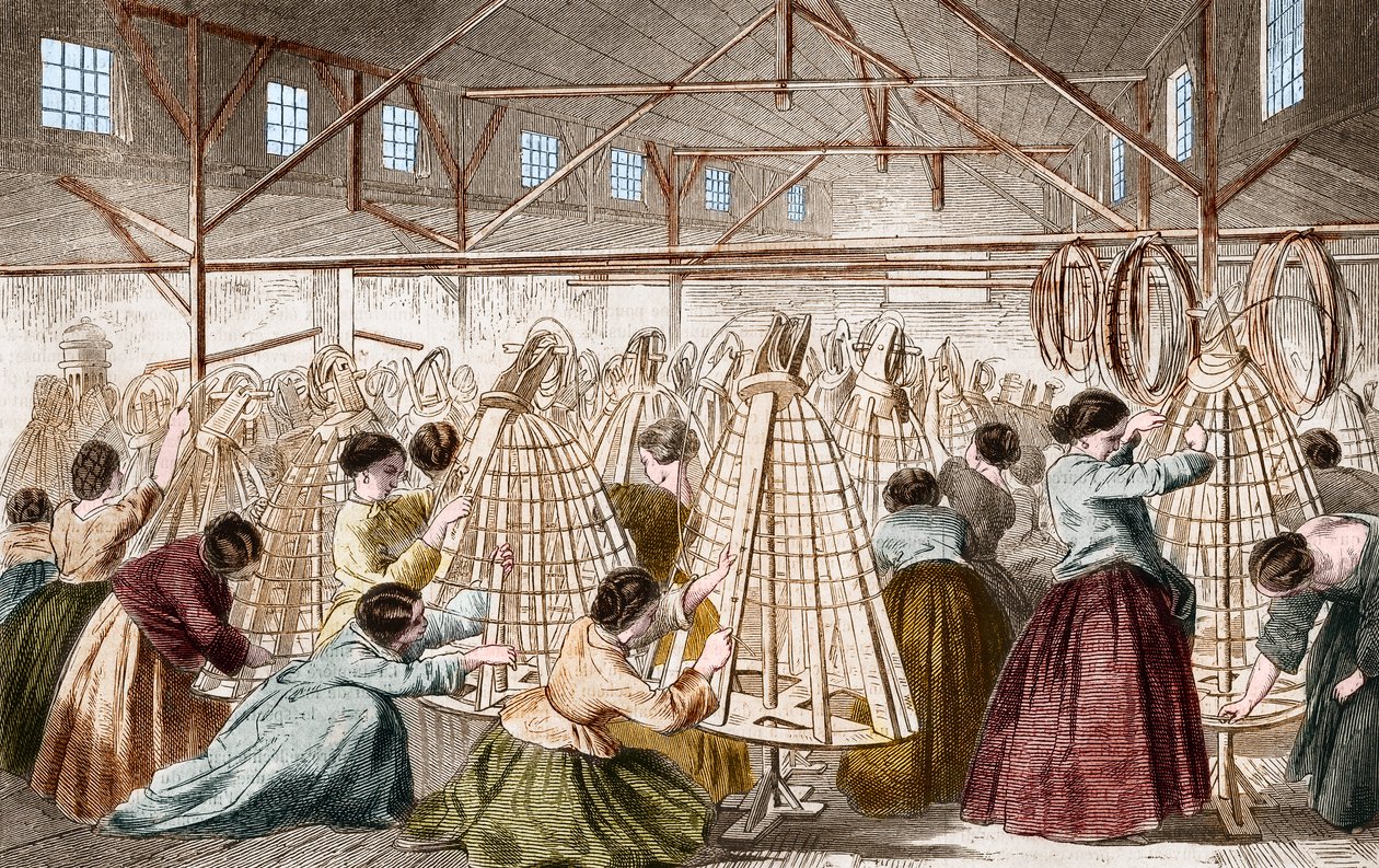 Krinolinfabriker: läggning av bågar. 1865 gravyr. av Unknown artist