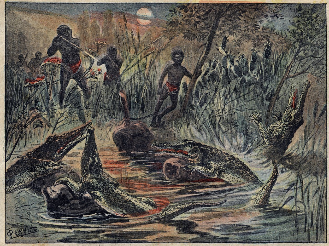 Krokodiljakt i Niger med ett barn för bete. Illustration i "" Le Pelerin"" den 4 december av Unknown artist