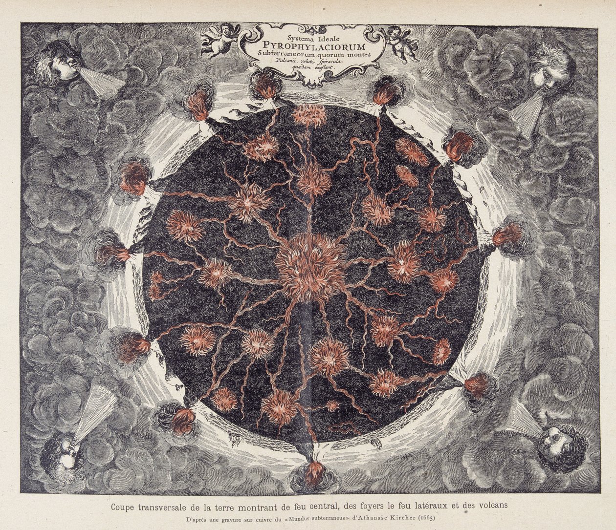 Tvärsnitt av jorden som visar central eld, eldstäder och vulkaner, från en koppargravyr av Athanase Kirchers "Mundus subterraneus"" (eller Athanasius Kircheri) av Unknown artist