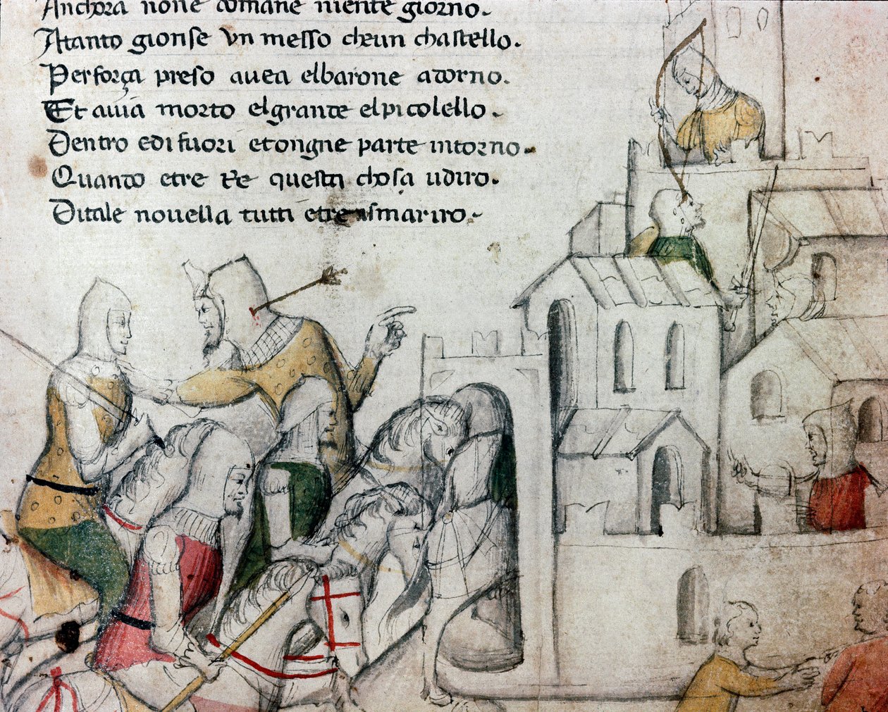 Korsningar som attackerar en morisk fästning Illustration till den toskanska dikten "" Febusso e Breusso" Manuskript MS.B.R.45. 1400-talets Florens, Nazionale Biblioteca av Unknown artist