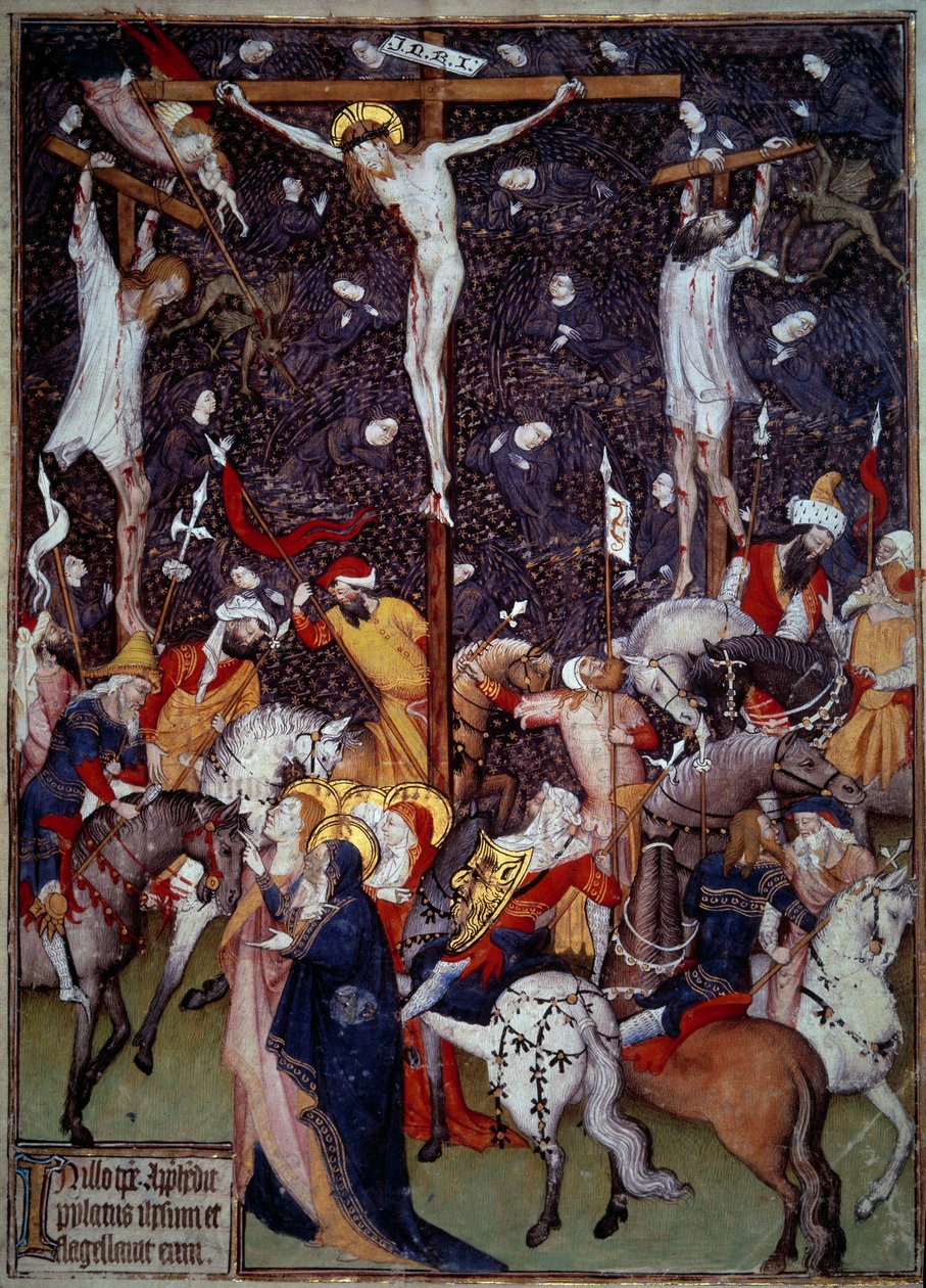 Korsfästelse. Svarta änglar flyger runt de dömdas kroppar. Romare till häst vänder sig runt korset för att begrunda scenen. Miniatyr från ett 1400-talsmanuskript. Paris, B.N. av Unknown artist