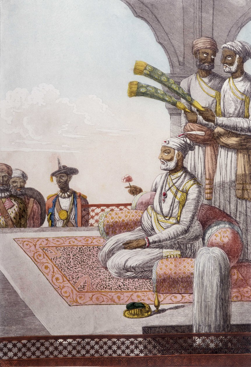 Kultur, civilisation och indiskt samhälle: Porträtt av en Radjah (Rajah) suverän av Brahman, Indien. Gravyr från 1808. av Unknown artist