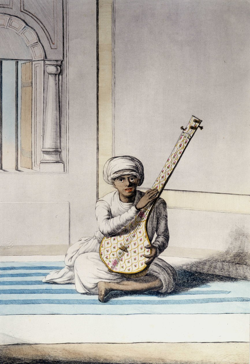 Kultur, civilisation och indiskt samhälle: Musiker som spelar Thambourah (Tamboura), Indiens traditionella instrument. Gravyr 1808. av Unknown artist