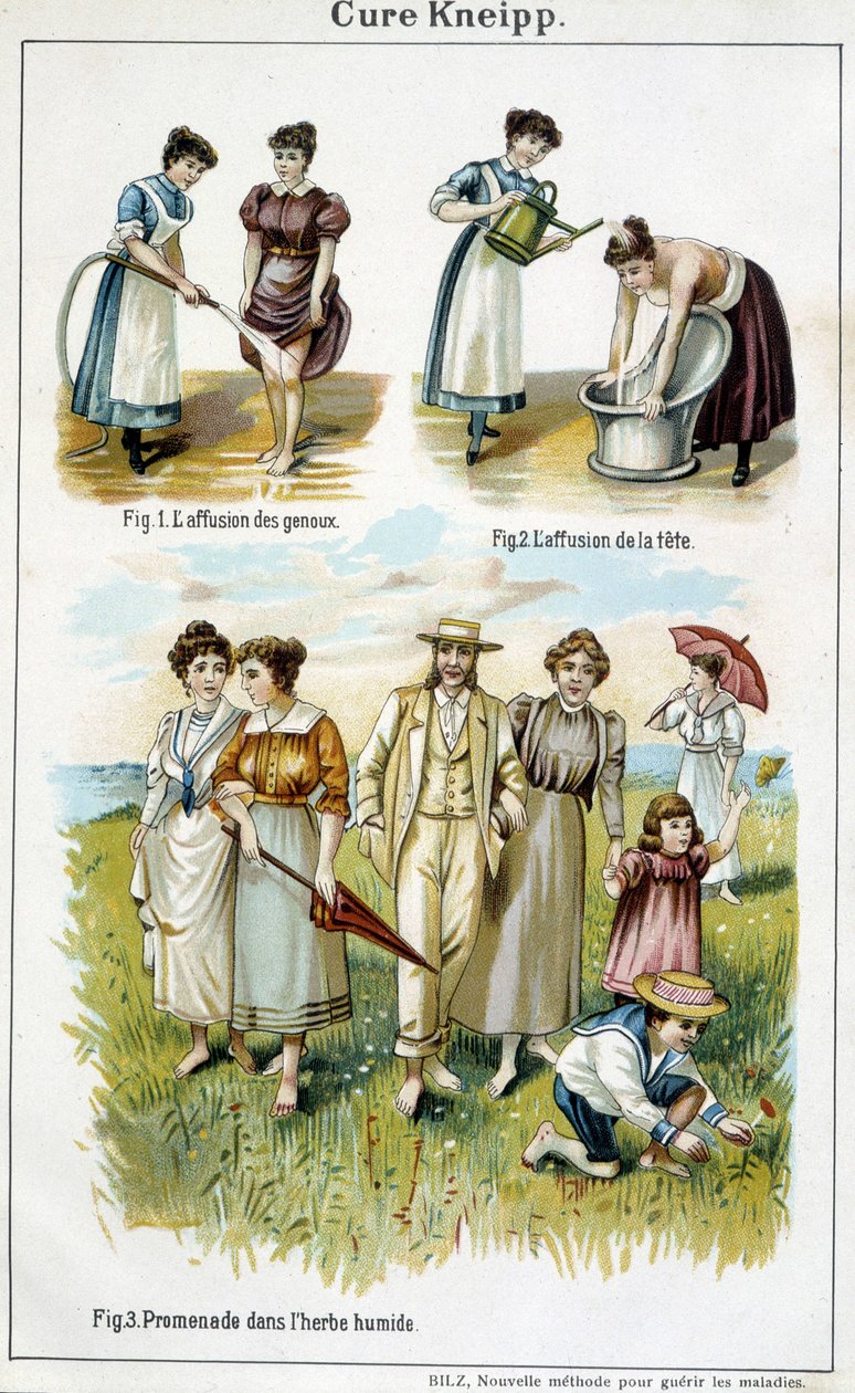 Cure Kneipp: affusion av knäna, affusion av huvudet, gå i det våta gräset - i "Bilz, Natural Medicine", sent 1800-tal av Unknown artist