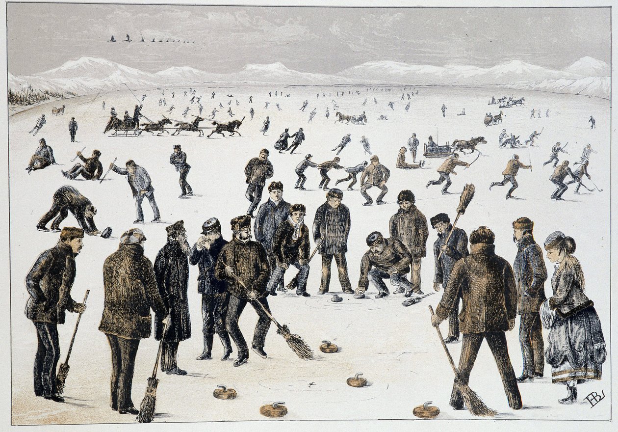 Curling på en frusen sjö nära Halifax, Nova Scotia - i "" Skisser över kanadensiska sporter och tidsfördriv"" av Lieut. Henry Buckton Laurence av Unknown artist
