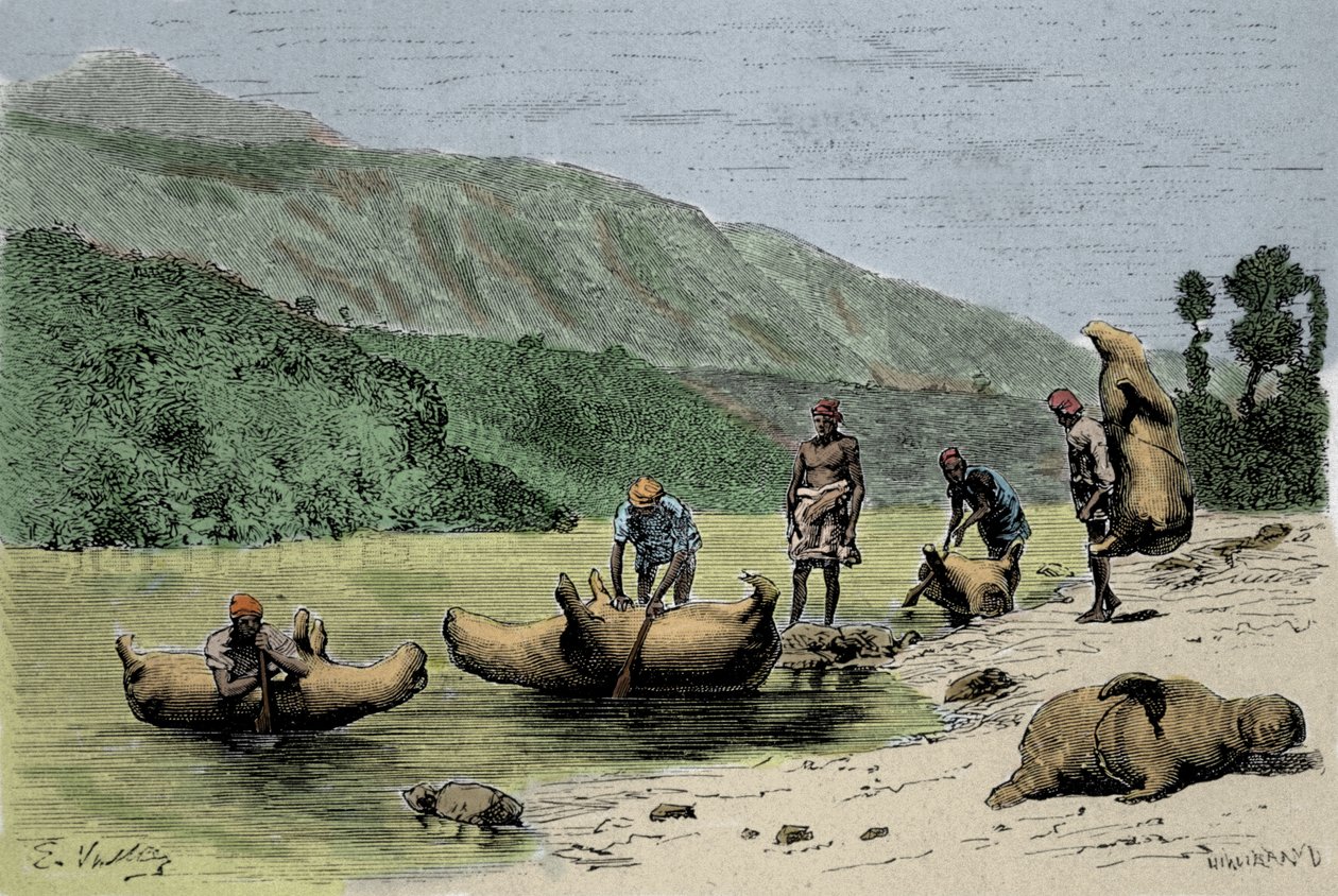 Seder och transportsätt: skinn från uppblåsta djur som används för att korsa floder. Gravyr av 1800-talet av Unknown artist