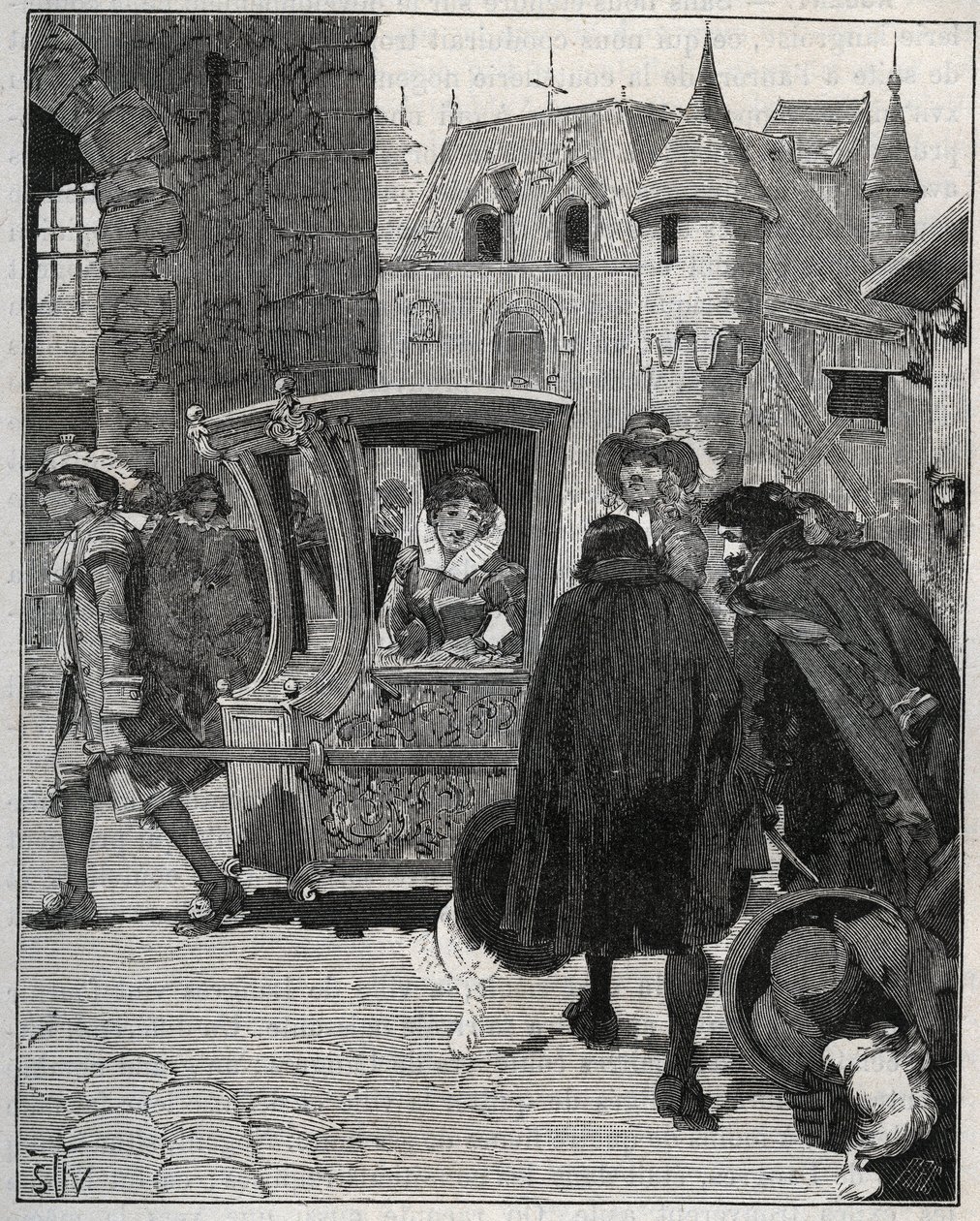 Bestick: båtsmän omringar stolen av Marie de Rabutin-Chantal (Rabutin Chantal), markisen de Sevigne dit Madame de Sevigne (1626-1696) för att sälja knivar till honom när han anlände till Nogent (Haute Marne) 1675. Gravyr från 1885 i "" Les arts et metiers  av Unknown artist