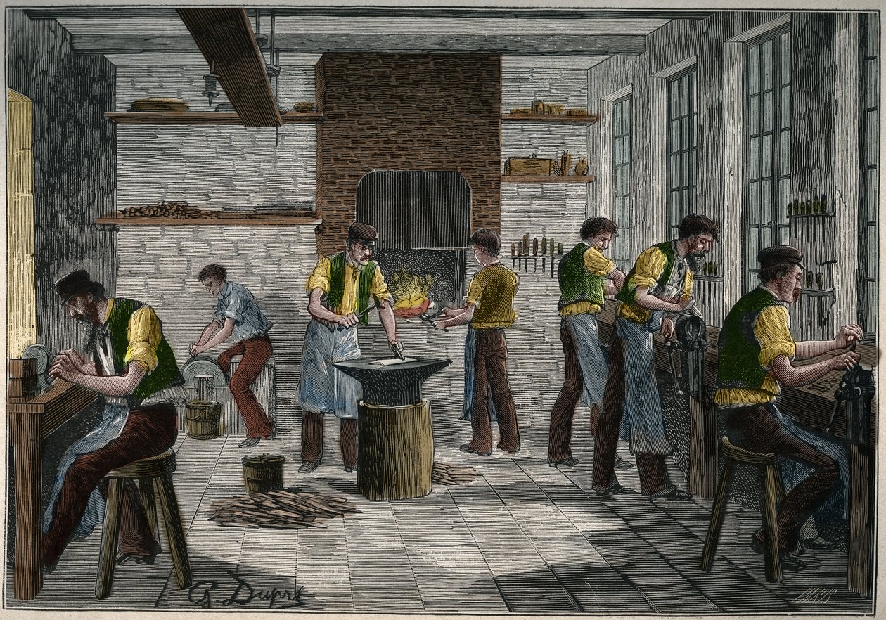Bestickverkstad i Frankrike på 1800-talet. Gravyr från 1885 i "" Les arts et metiers illustres"" av Adolphe BITARD. av Unknown artist
