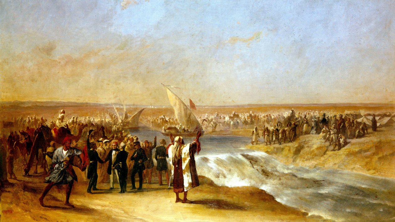 Att skära igenom den sista delen av bassängen på Suez-slätten av hans excellens Ali Pascha den 15 augusti 1869 av Unknown