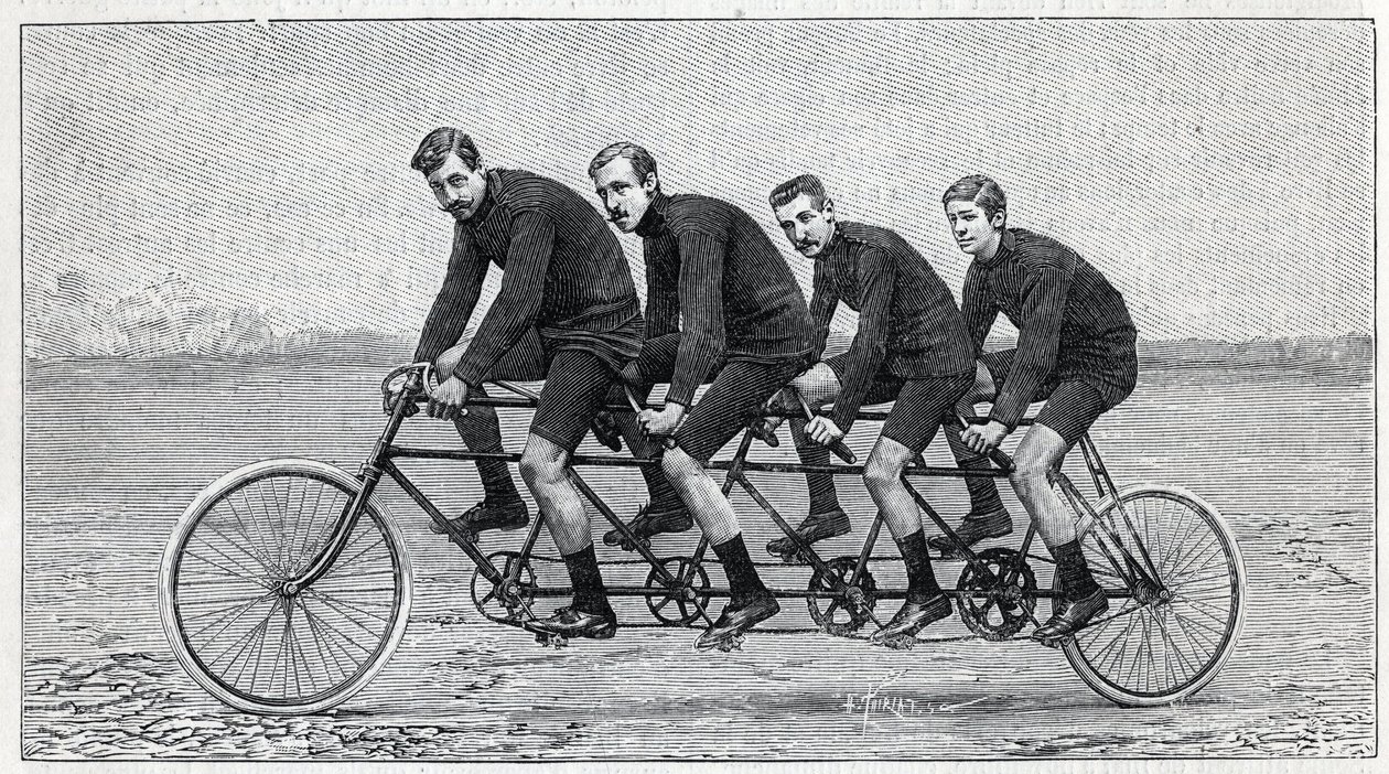 Cyklist på en cykel som kallas "quadruplette gladiator". Gravyr i "" La Nature"" av Unknown artist