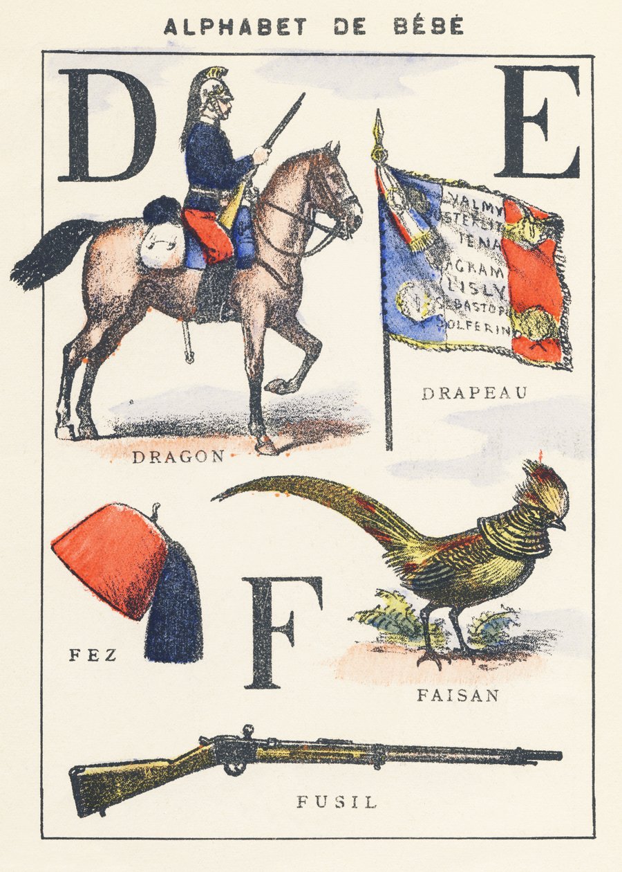 D E F: drake, flagga, fasan, fez, gevär av Unknown artist