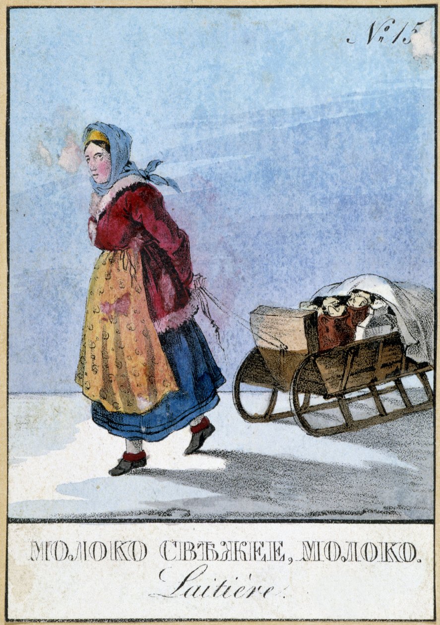 Mejeriskvinna i Ryssland som bär sina mjölkburkar på en släde, Bibl. des Arts Deco. av Unknown artist