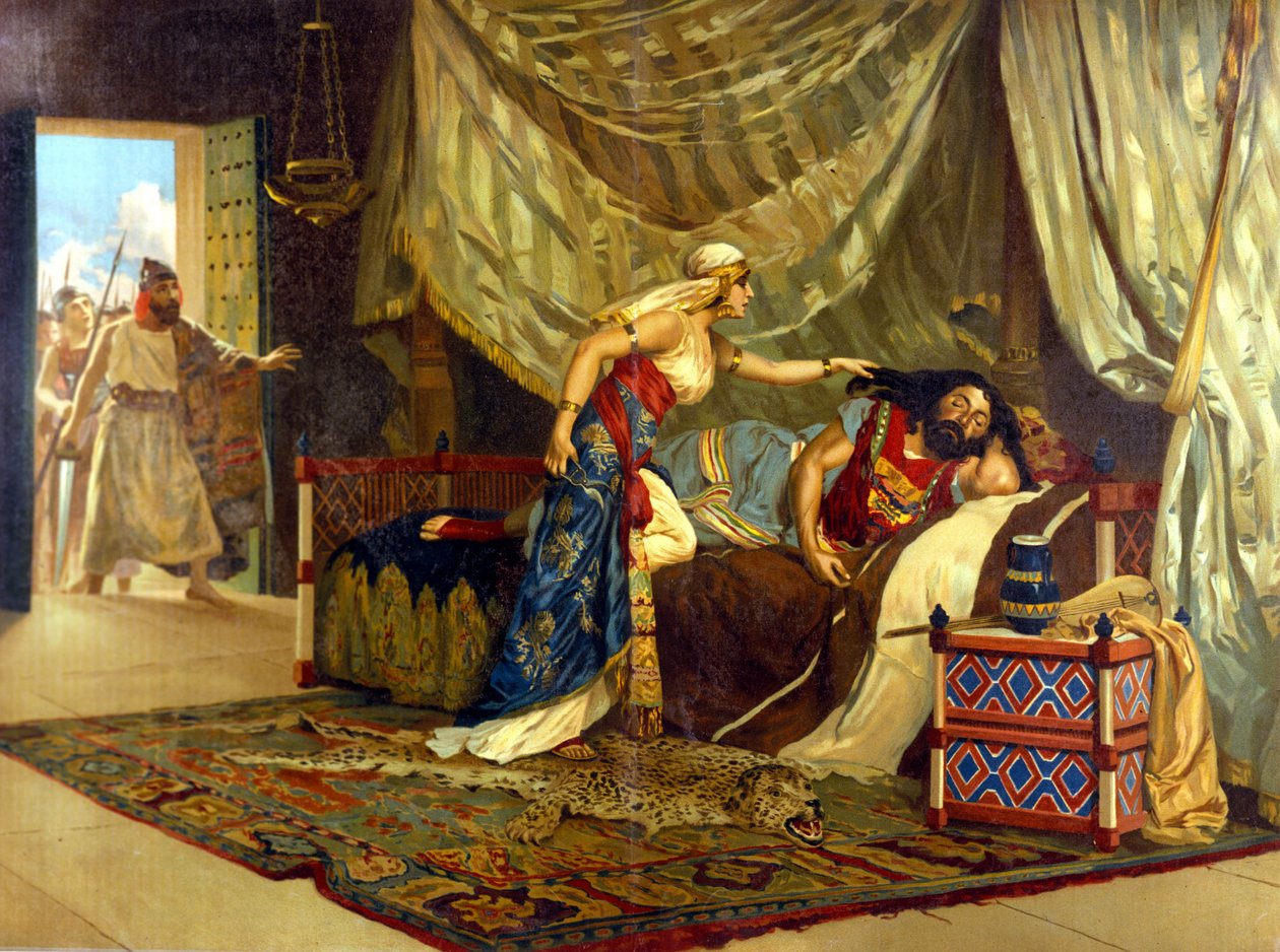 Dalila är på väg att klippa Samsons hår för att förbättra hennes styrka. 1800-talet. av Unknown artist