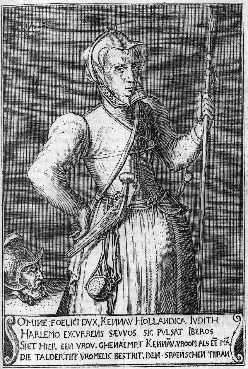 Dame Kenau Simonsdochter Hasselaer (1526-1588), hjältinnan i Haarlem (Holland) under kampen mot spanjorerna 1572. Gravyr av 1600-talet i likhet med Judith av Holoferne. av Unknown artist