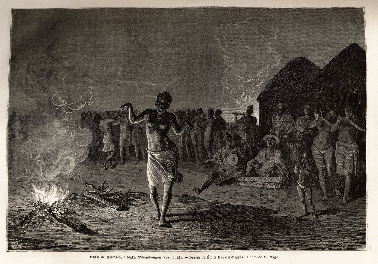 Dans från Malinkes, befolkningen och språket i Västafrika (Guinee, Senegal, Mali och Elfenbenskusten), dansare samlas vid nattens grav och dansar runt elden till rytmen av traditionell musik. Gravyr för att illustrera historien om löjtnant Mages av Unknown artist