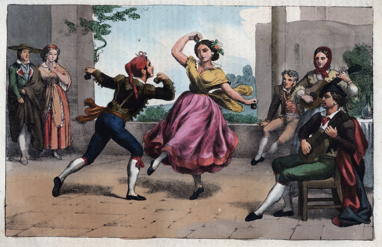 Dans av Bolero och dräkter av Granada - Bolero dans och dräkter av Granada - gravyr från "" Användningar och dräkter för alla folk i universum. Det är historien om regeringen, om lagarna, om milisen, om religionen för alla nationer från de mest avlägsna av Unknown artist