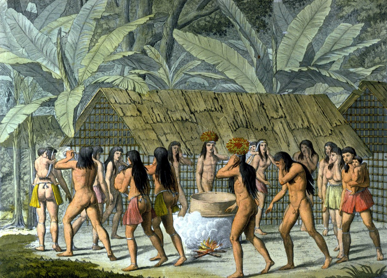 Dance of the Camacans, Indians of Brazil - i "" Den gamla och moderna kostymen"" av Ferrario, red. Milano av Unknown artist