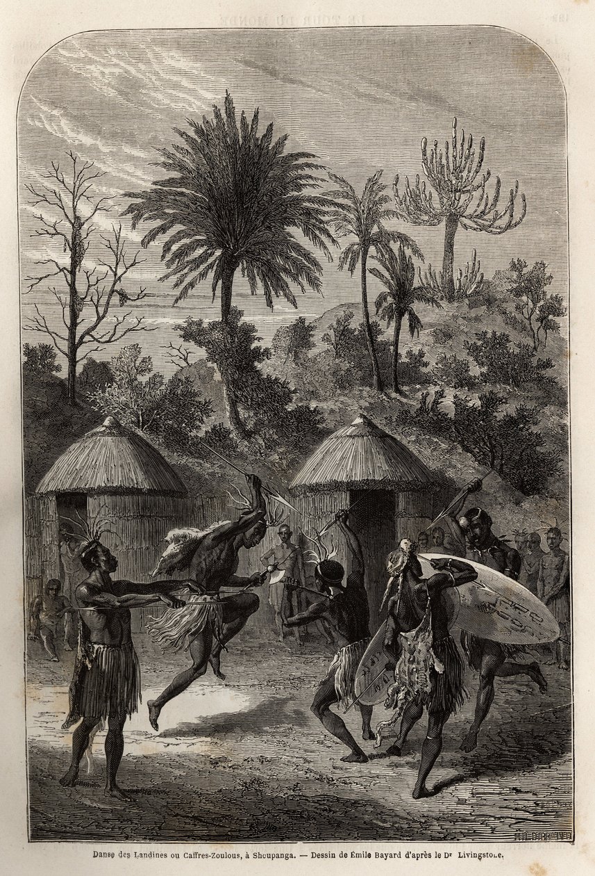 Dance of the Landines eller Zulu caffres i Shoupanga (högra stranden av Zambezefloden). Gravyr för att illustrera Dr. Livingstones första resor till södra Afrika från 1840 till 1856, i "Le tour du monde, nouveau journal des voyages"" publicerad under den f av Unknown artist