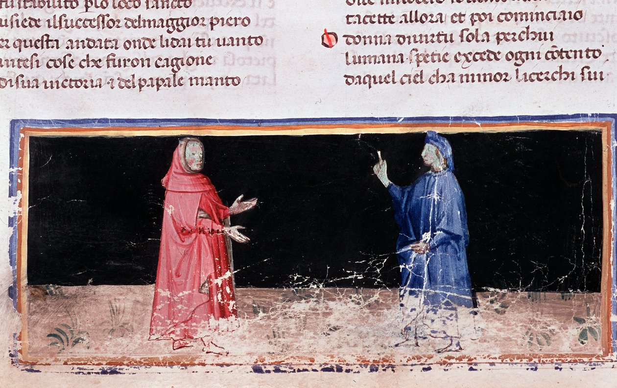 Dante (i blått) och Virgil (låt 3 av Hell, in the Divine Comedy) (miniatyr av Unknown artist