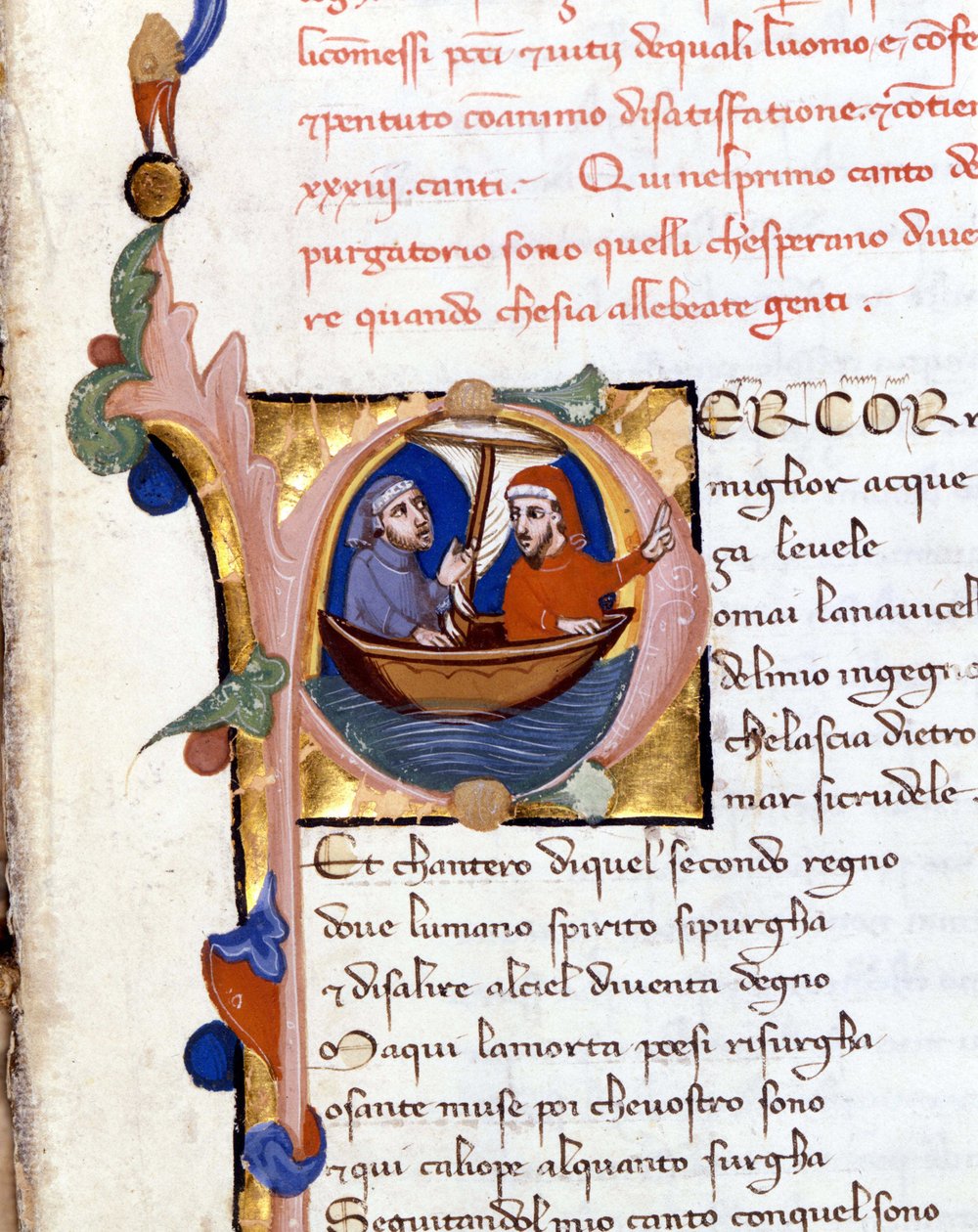 Dante Alighieri: Gudomlig komedi (gudomlig komedi) början av skärselden. Dante och Virgil. manuskript från 1300-talet. Milano bibl. Trivulziana av Unknown artist