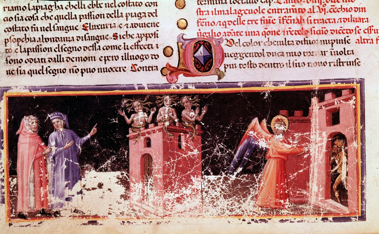 Dante och Virgil vid porten till Dite kontrollerade av furierna (låt 9 av Hell, i den gudomliga komedin) - miniatyr av Unknown artist