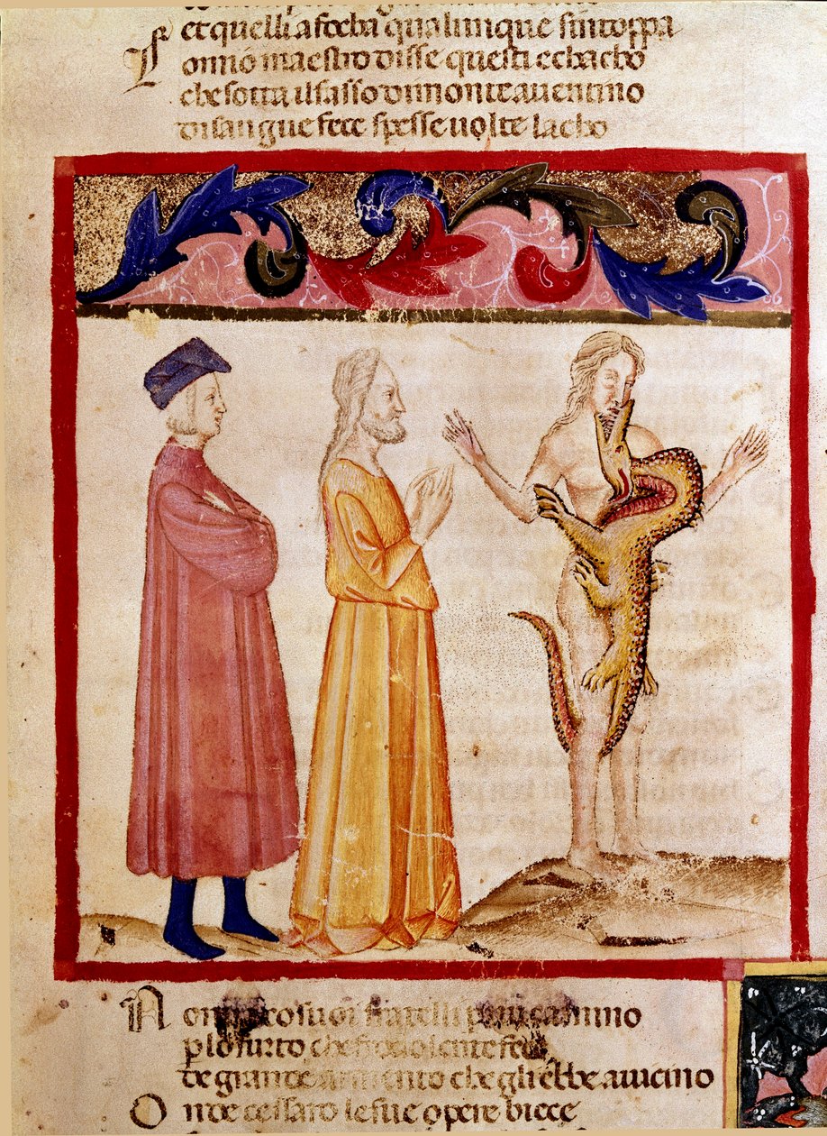 Dante och Vergilius möter själen hos en syndare som är dömd att bli uppslukt av en drake. Upplyst sida som illustrerar en helveteslåt hämtar från "Divina Commedia" av Dante Alighieri (1265-1321). 1300-talet, Venedig, Biblioteca Marciana av Unknown artist