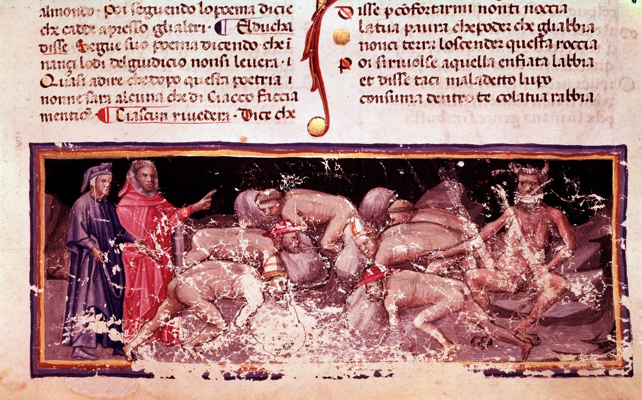 Dante och Vergilius med de giriga och sparsamma (låt 7 från helvetet, i den gudomliga komedin) - miniatyr av Unknown artist