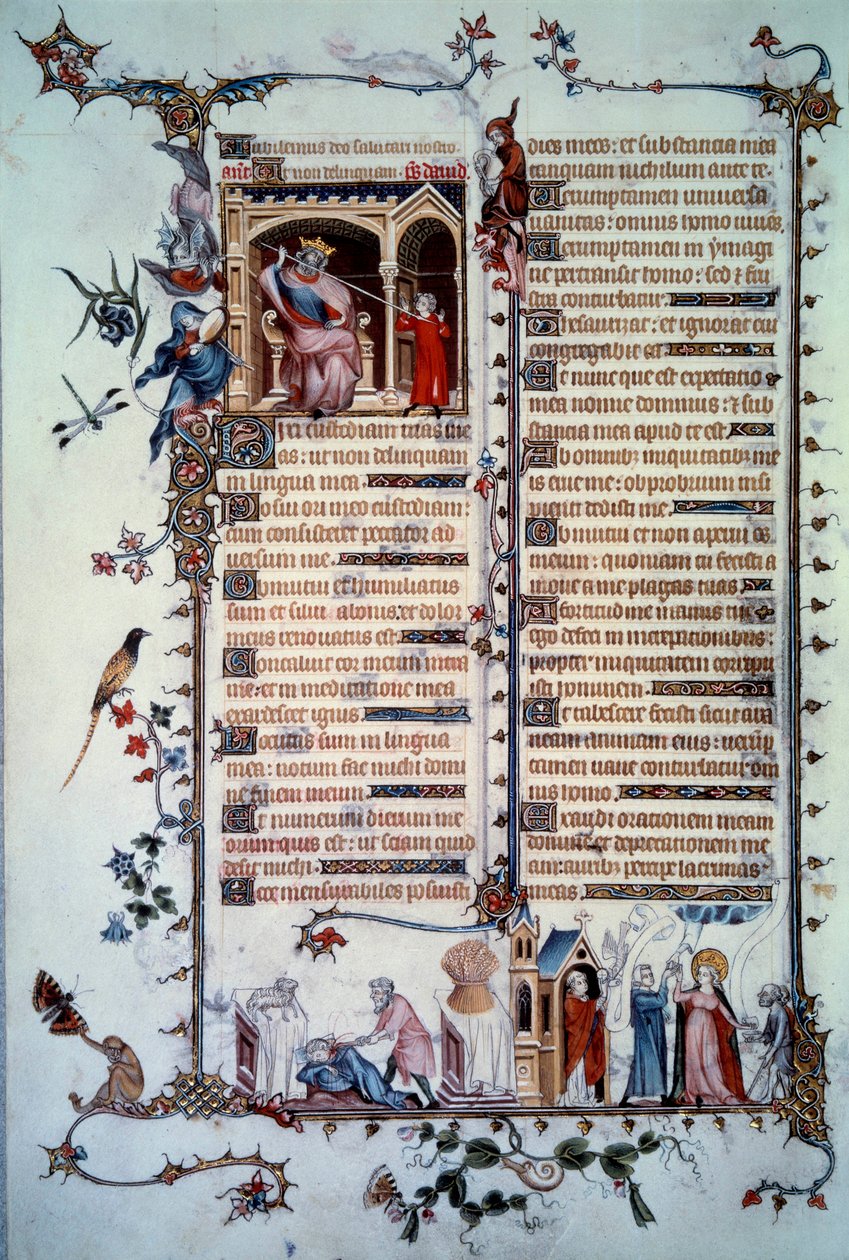 David hotar av Saul. Allegori om girighet. Nattvardens sakrament. Allegori om välgörenhet. Miniatyr hämtad från psalmen "Breviaire de Belleville"" av Unknown artist