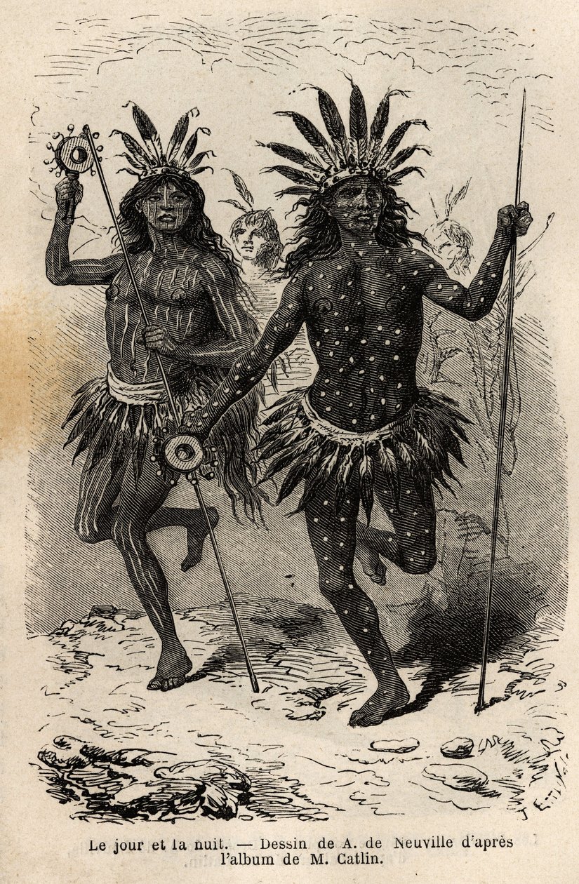 Dag och natt, målningar på kroppen av dansarna från den religiösa ceremonin och försoningen, avrättade av hövdingarna och hans följeslagare, bland Mandans indianer (eller noumah ka kie: fasaner), på Missouris vänstra strand. Gravyr för att illustrera en ut av Unknown artist