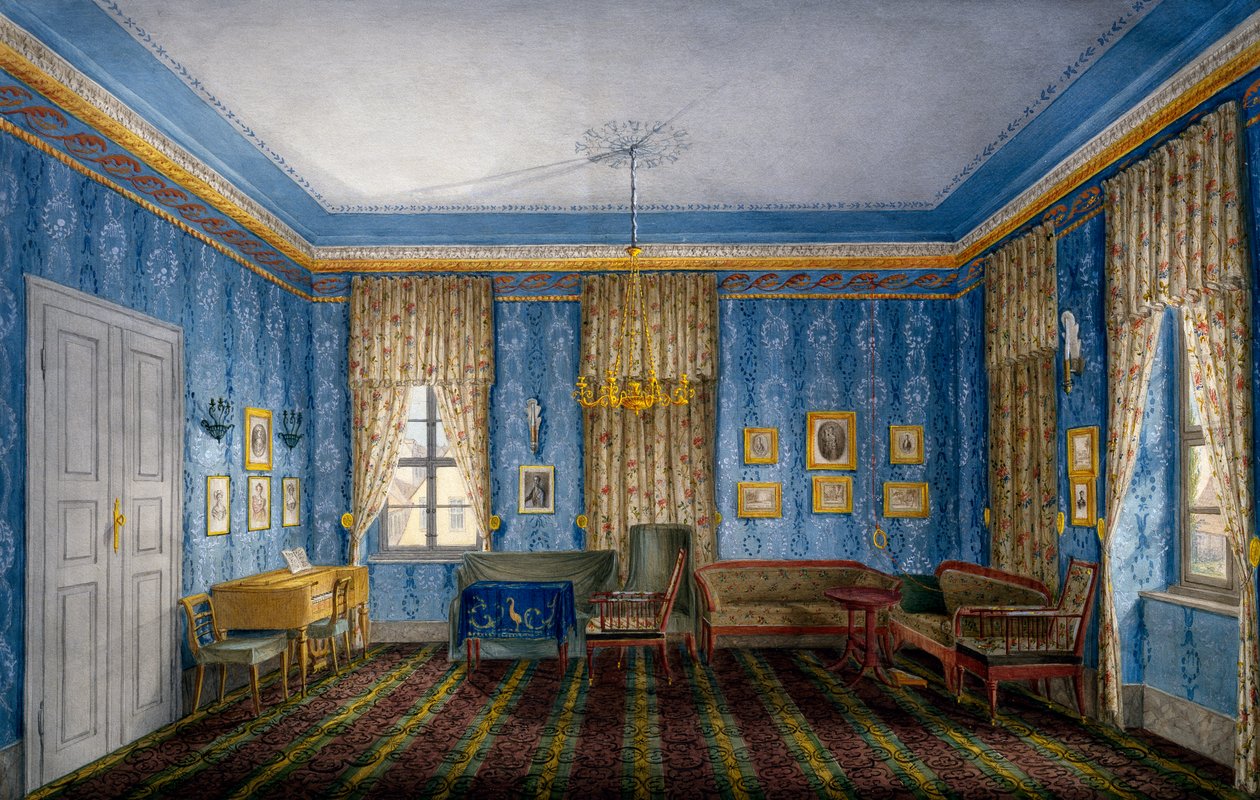 Dagrum med blå tapeter och girlanger av Unknown artist