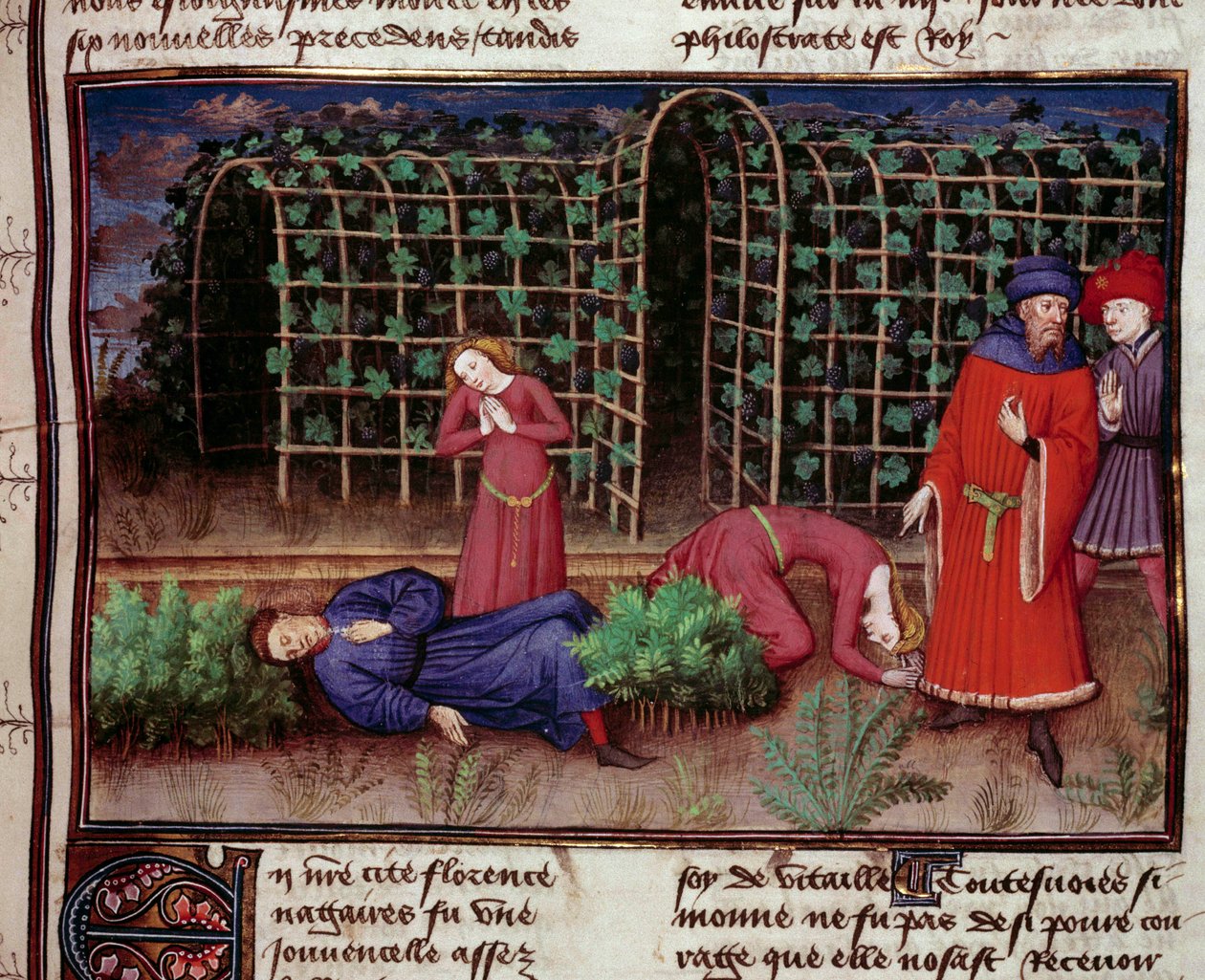 Död Två personer dödades av döden. Miniatyr från "" Le Decameron"" av Jean Boccace (Giovanni Boccaccio) (1313-1375) 1450 Paris, Arsenals bibliotek av Unknown artist