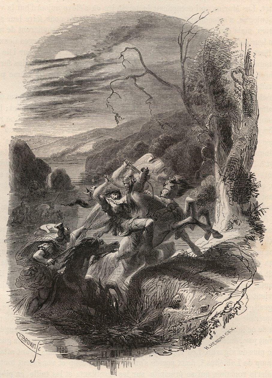 Död av Indutiomarus (Induziomaro) chef för Trevires, dödad av den romerska armén 53 f.Kr. Gravyr från 1868 i "Histoire de Belgique från primitiv tid till slutet av Leopold I:s rege"" av Theodore Juste (1818-1888). Privat samling. av Unknown artist