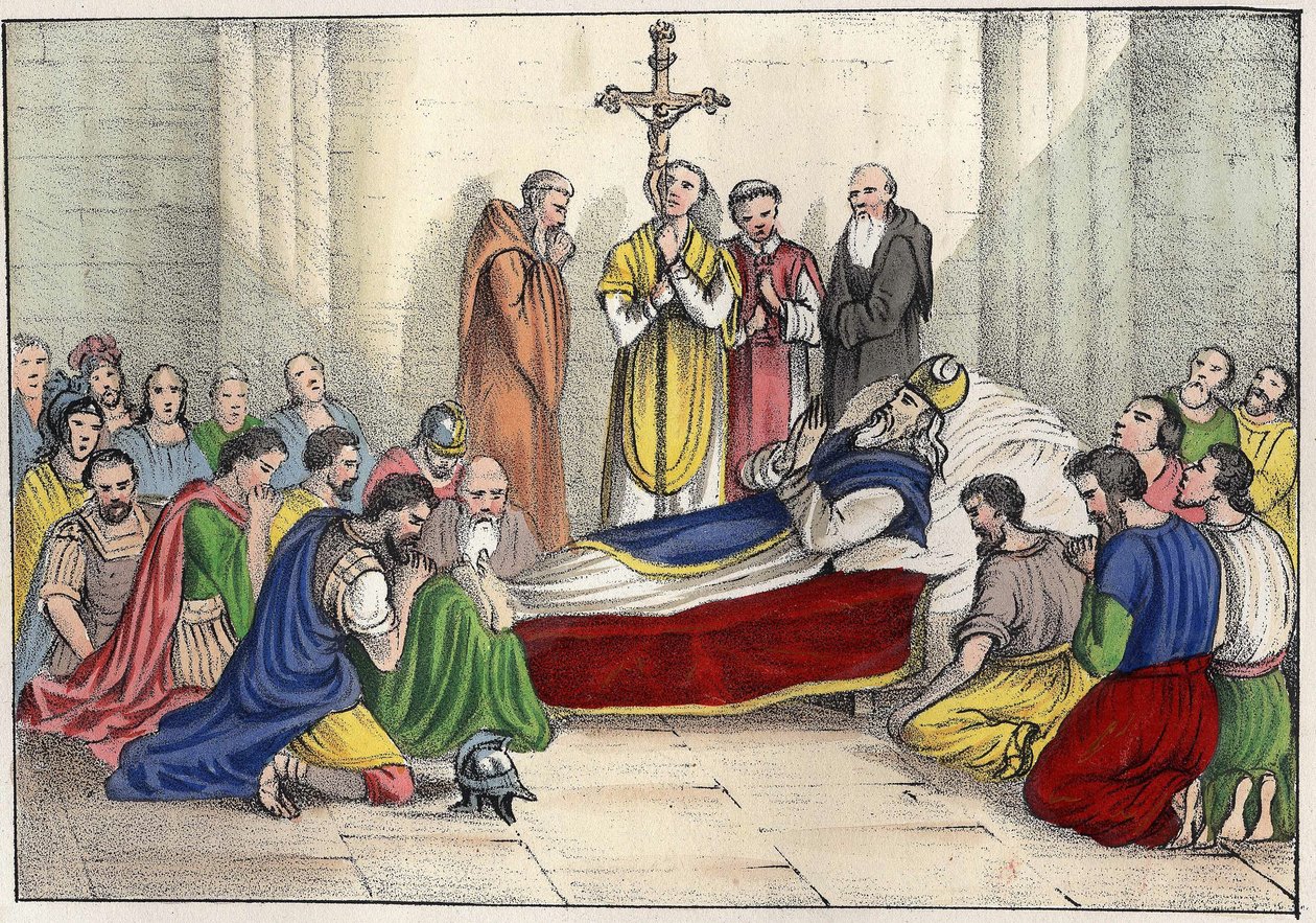 Saint Augustins död (354 - 430) Gravyr i ""Gamla och moderna Algeriet"" av Léon Galibert. Italiensk upplaga i 1846 färg. av Unknown artist