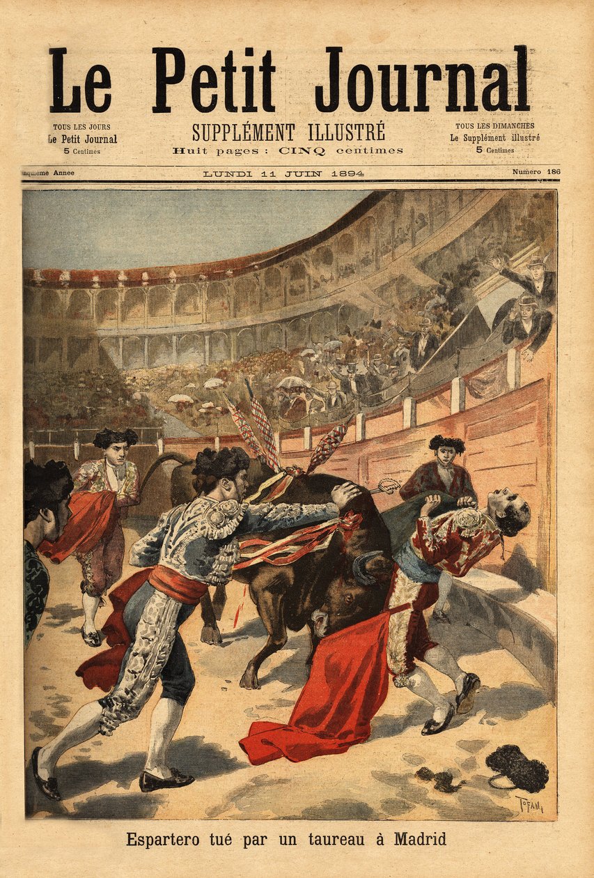 Den spanska matadoren Manuel Garcia dit Espartero (1865-1894) död i Madrids arenor, av en estokad av tjuren. Gravyr i "" Le petit journal"" 1894-07-02. Selvas samling. av Unknown artist