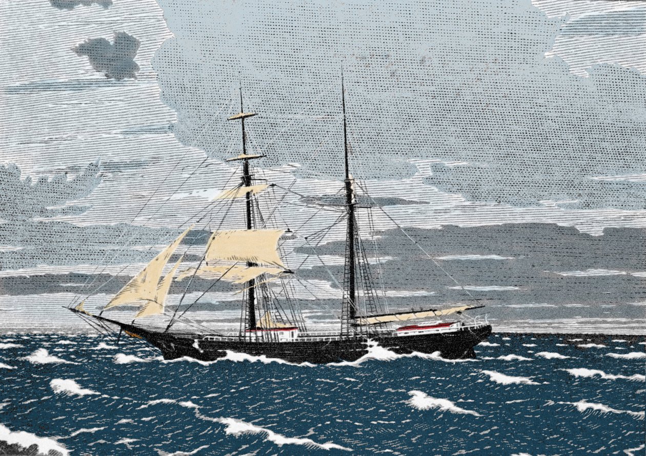 December 1872 hittas Mary Celeste övergiven mitt i Atlanten, utanför Acoresöarna. Kaptenen, hans fru och deras tvååriga dotter samt de åtta besättningsmedlemmarna försvann. Gravyr 1800-talet. av Unknown artist