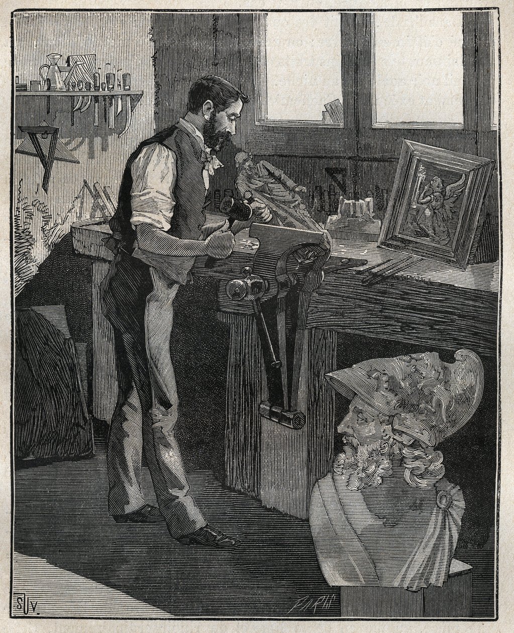 Dekor av silver: bronsmejselare. Gravyr från 1885 i "" Les arts et metiers illustres"" av Adolphe BITARD. av Unknown artist