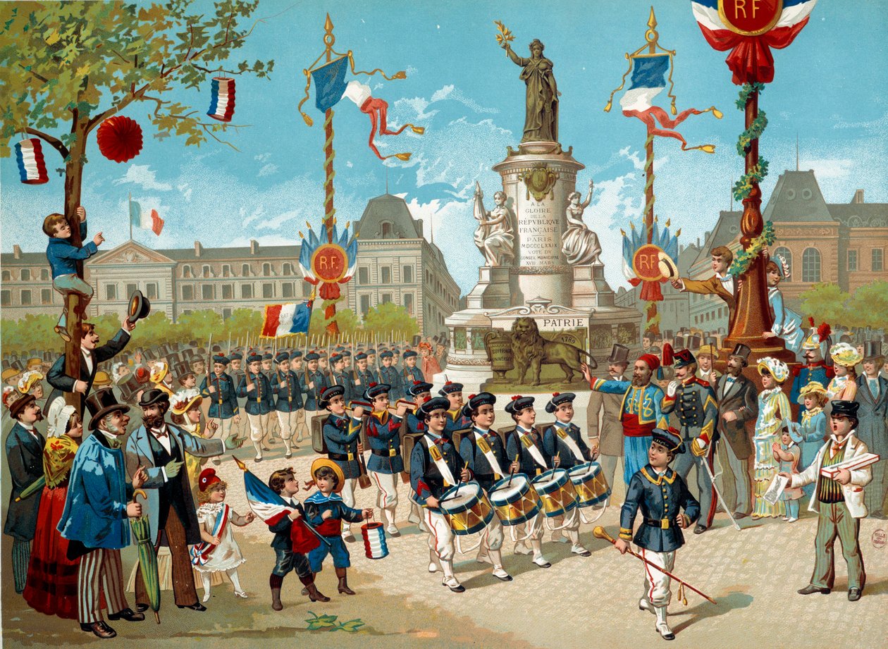 Besudla barnen till skolbataljonerna på Place de la Republique den 14/07/1883 i Paris. Litografi av 1800-talets Paris, Musee Carnavalet av Unknown artist