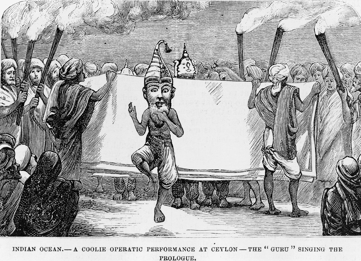 Demonstration av folkkonst i Ceylon (nuvarande Sri Lanka) gravyr från 1800-talet av Unknown artist