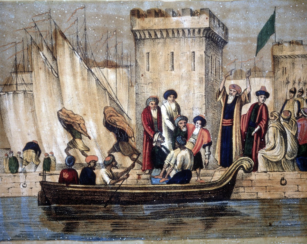 Avgår från Algerernas morer, efter koloniseringen av fransmännen, En ålder eller sjuk man lastas på en båt. 1800-talet av Unknown artist