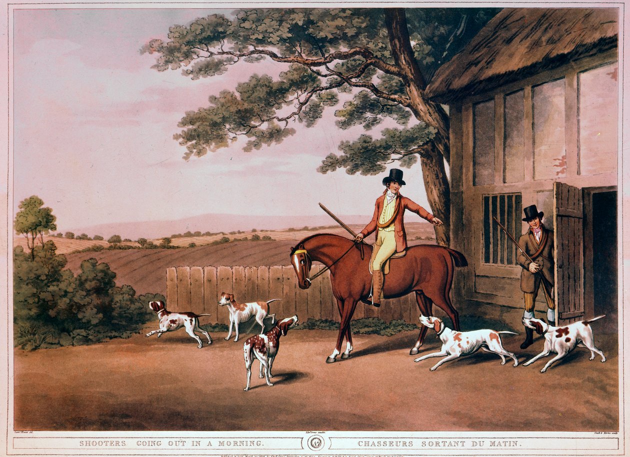 Åkte för jakt tidigt på morgonen av en jägare och hans hundar i England. Gravyr av 1800-talet. Gien, jaktmuseum av Unknown artist