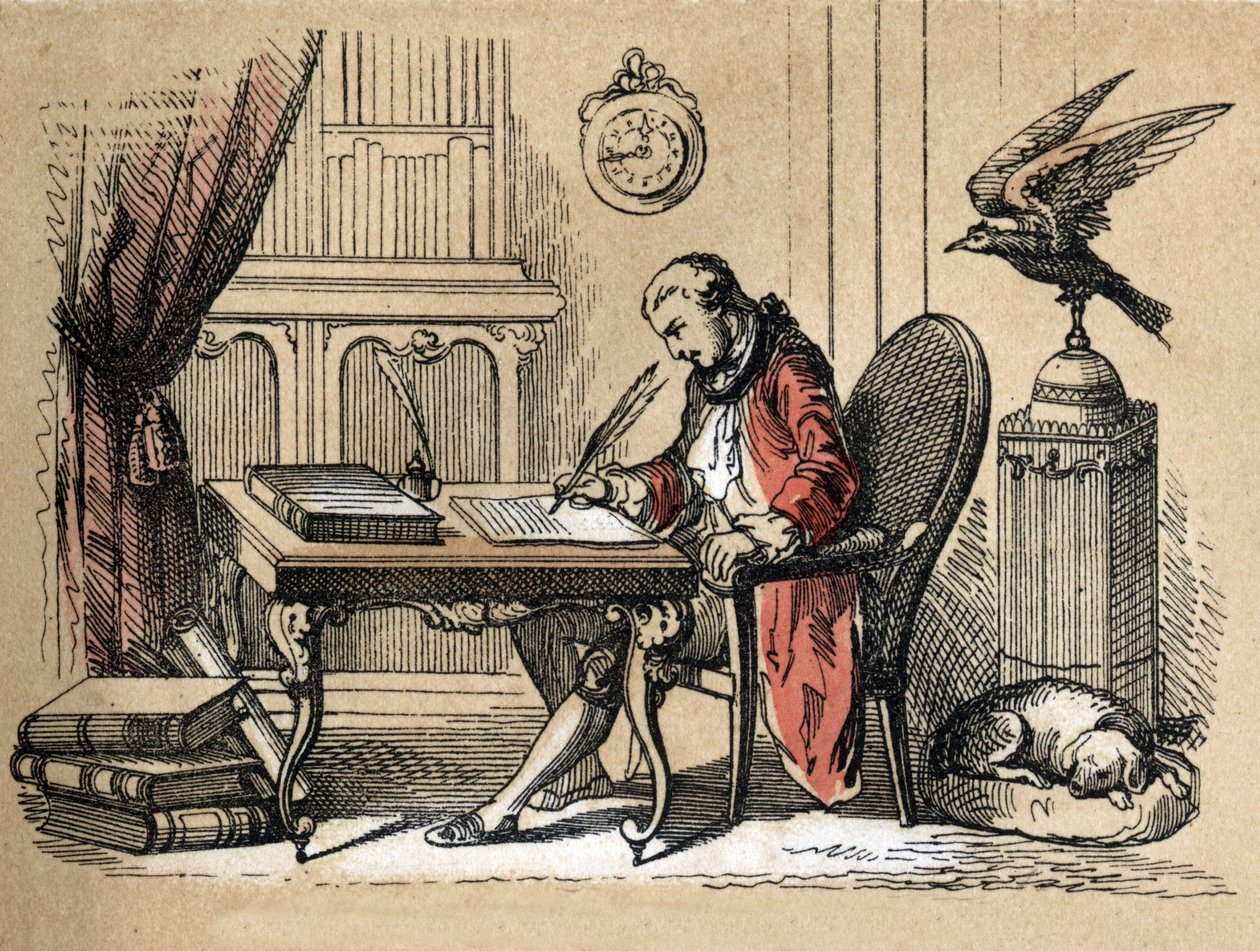 Beskrivning av olika produkter och användningsområden för papper: porträtt av Georges Louis Leclerc, greve av Buffon, naturforskare och författare (1707-1788) som skriver sin naturhistoria. Tallrik "" Le papier et ses produits"" i "" les Recreations instru av Unknown artist