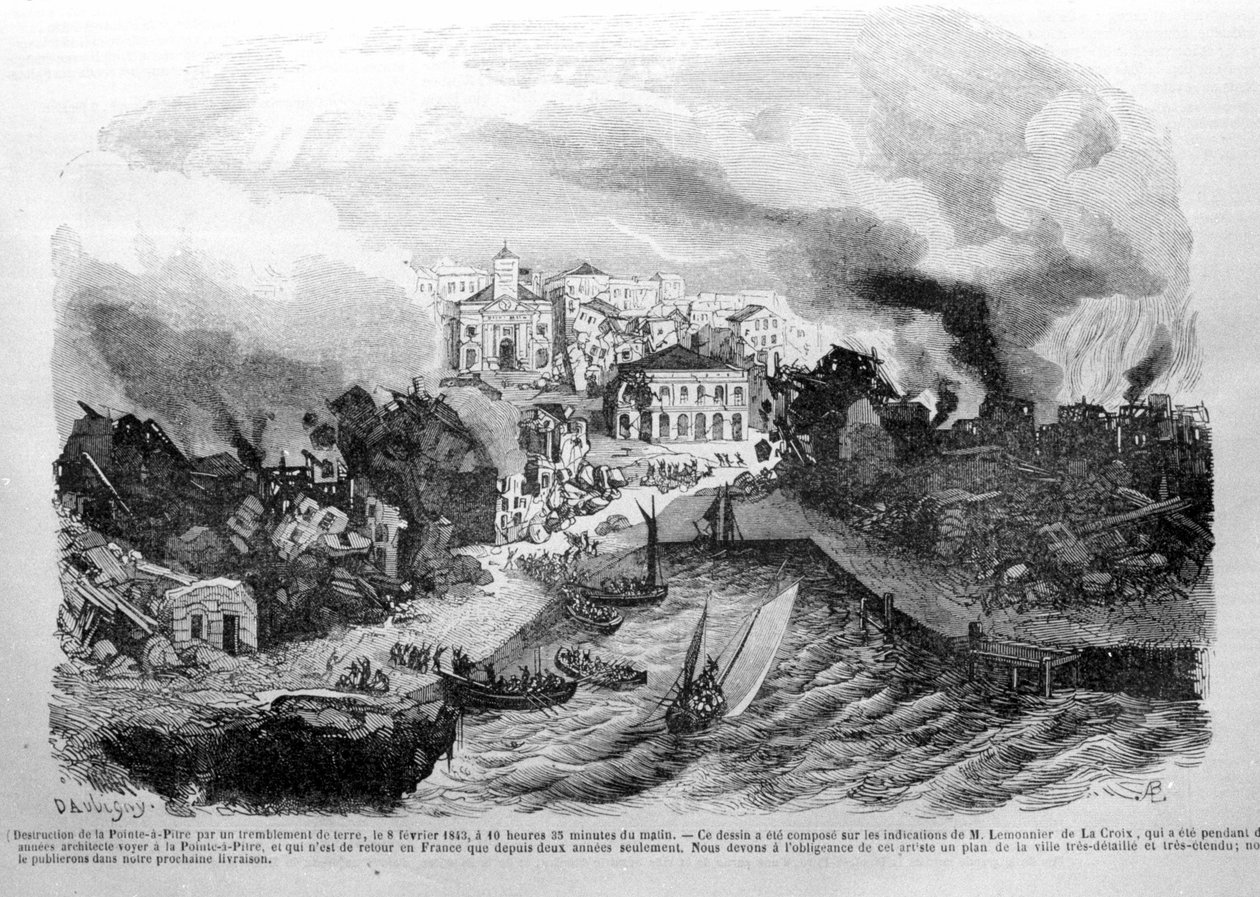 Förstörelse av Pointe à Pitre (Guadeloupe) av en jordbävning 1843-02-08. Gravyr 1843. av Unknown artist