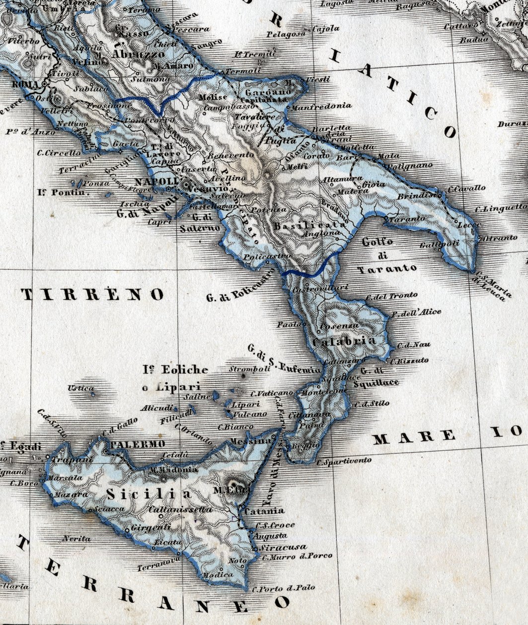 Detalj av en geografikarta som representerar södra Italien (Kampanien, Kalabrien, Sicilien, Puglia, Molise Abruzzo-regionerna). 1800-talet av Unknown artist