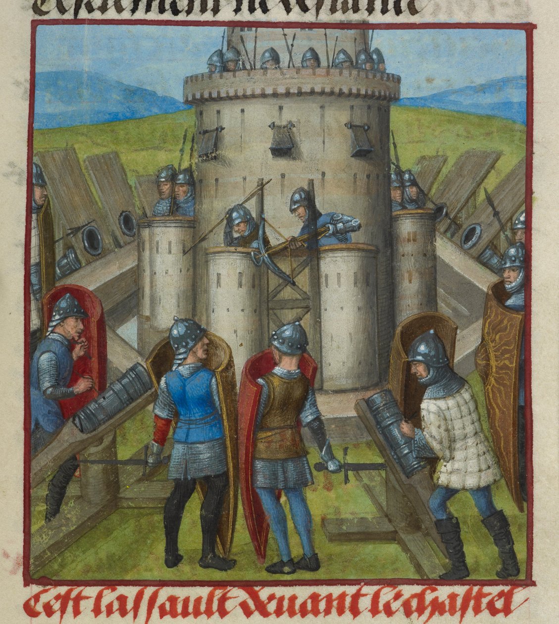 Detalj av en miniatyr som visar ett angrepp på slottet, från "Le Roman de la Rose" av Unknown artist