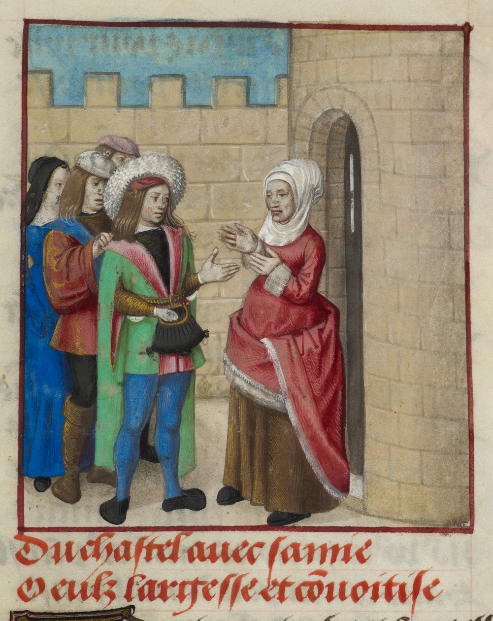 Detalj av en miniatyr av Convoitise (Covetousness) och Largesse (Generosity) som går in i slottet, från 