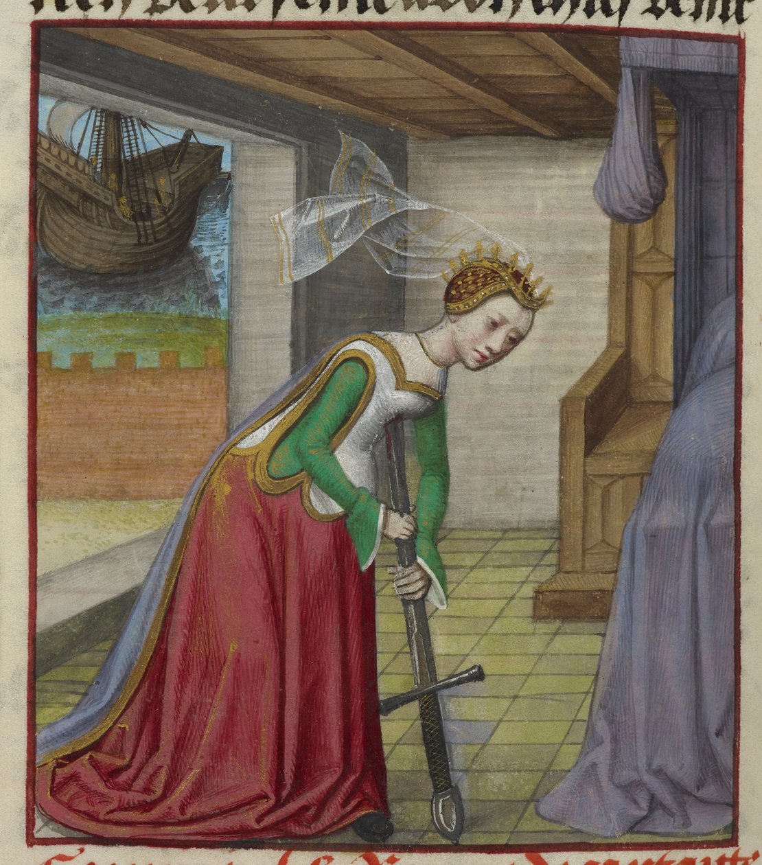 Detalj av en miniatyr av Dido som faller på sitt svärd och begår självmord efter Aeneas svek, från "Le Roman de la Rose" av Unknown artist