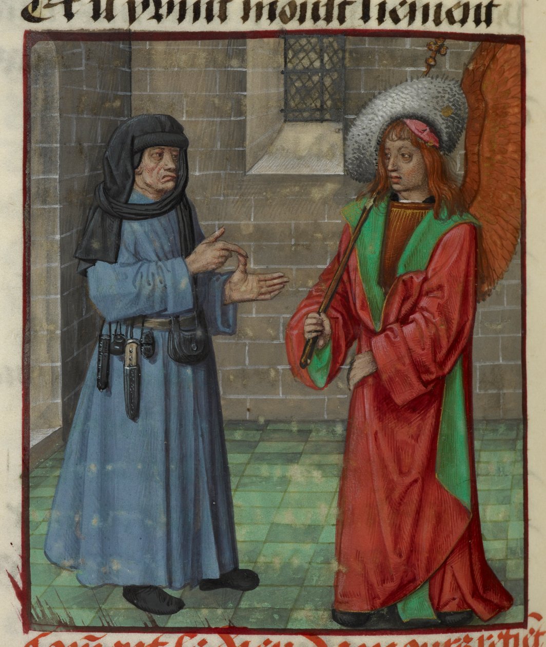 Detalj av en miniatyr av Faux Semblant (False Seeming) som tilltalar Amour (Love) från "Le Roman de la Rose" av Unknown artist