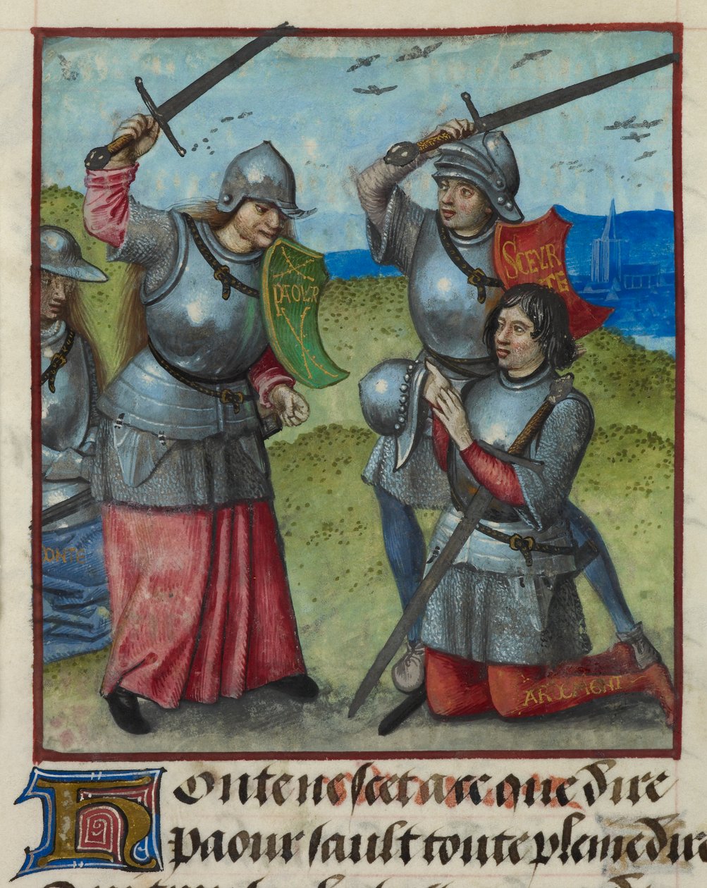 Detalj av en miniatyr av Peur som slåss medan Honte tittar på, från "Le Roman de la Rose" av Unknown artist